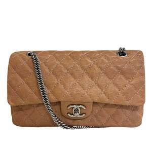 CHANEL Double Flap 25 Chain Turnlock Matelassé Shoulder Bag Beige